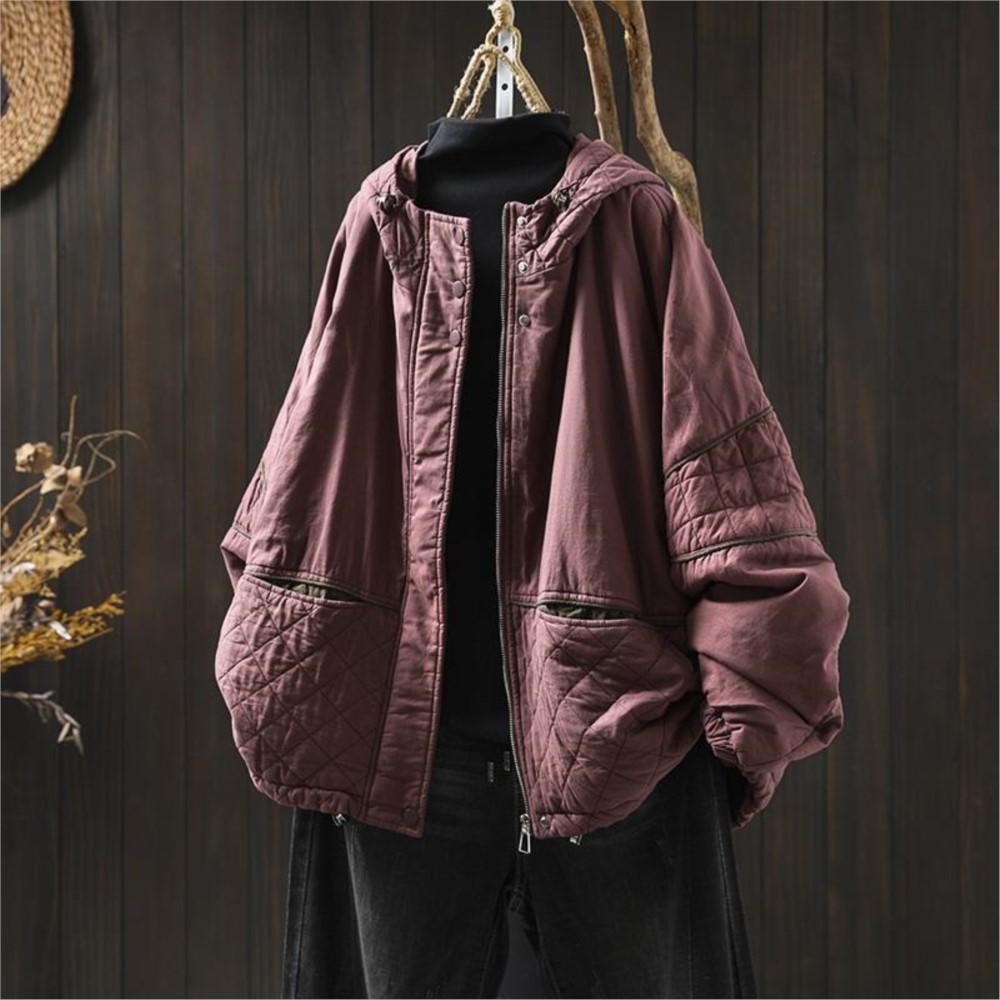 Johnature Women Vintage Hooded Patchwork Zipper Solid Color Winter Warm Long Sleeve Coats Female Casual Coats