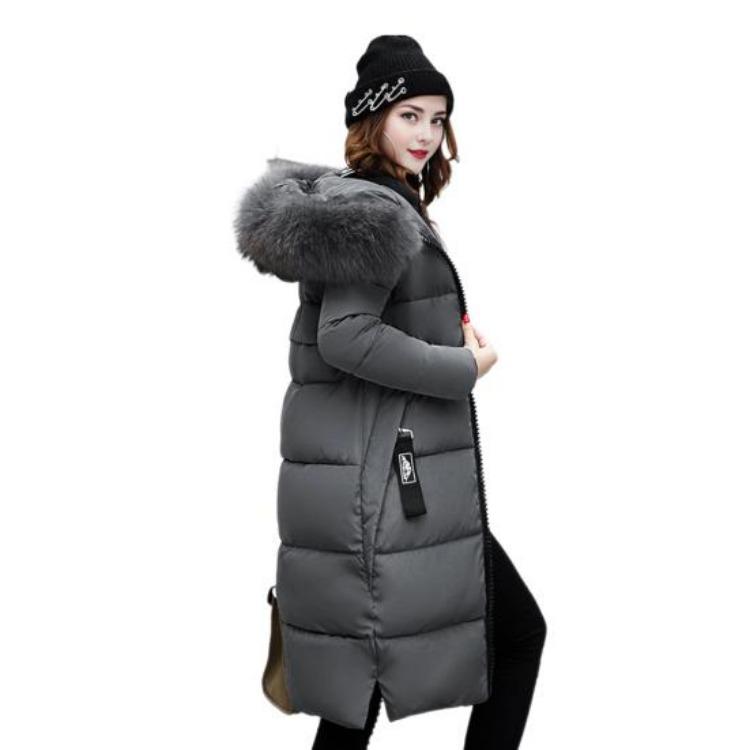 Winter Women Parka Cotton Jacket Windproof Padded Coat Zip Up Long Sleeves Furry Hood Heat Retention Knee Length Solid Color Outwear with Pockets