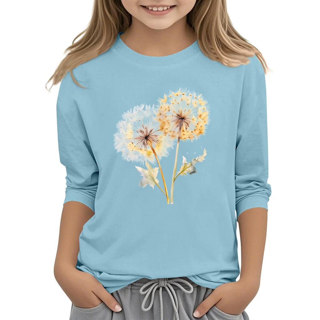 Children's 3/4 Sleeve Round Neck Flowers Print Casual Top