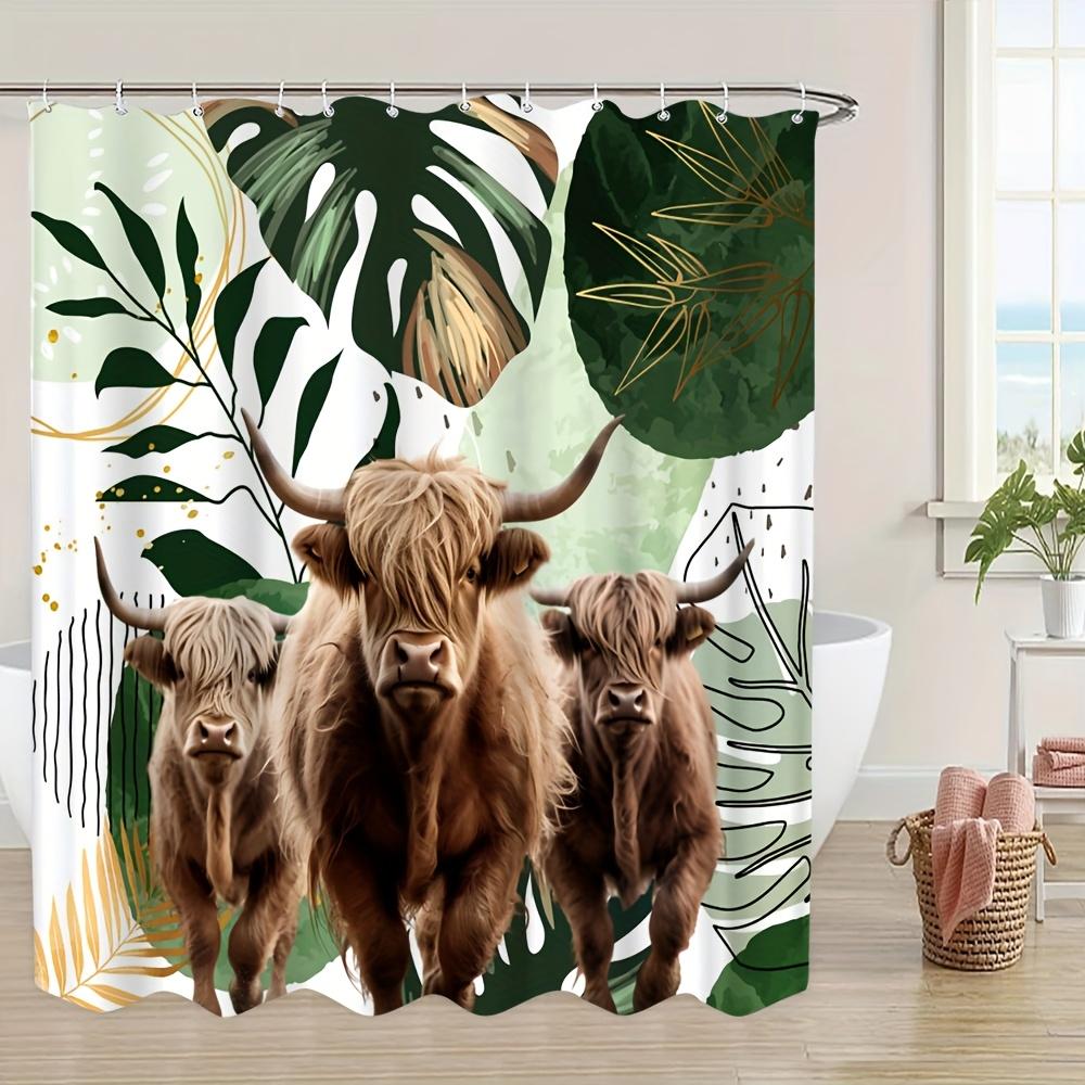 Exotic Highland Cattle Bath Curtain - Tropical Leaves & Gold Accents, Waterproof Home Decor Adds Unique Style To Your Bathroom