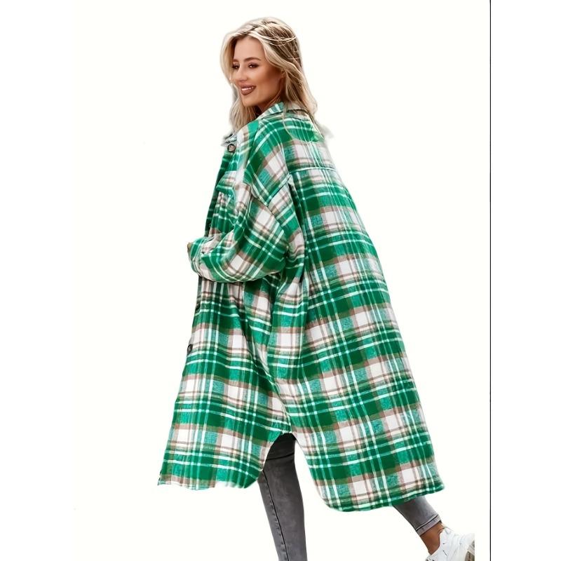 Stylish Plaid Print Womens Long Jacket - Relaxed Casual Button Front with Flap Pockets - Durable Outerwear for Everyday Fashion