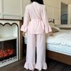 Women's Seersucker Cloud Cotton Pajama Set: Spring/Summer Solid Color Robe & Long Pants Two-Piece Sleepwear.