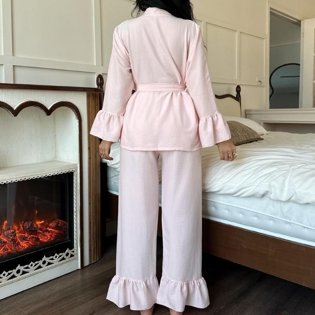 Women's Seersucker Cloud Cotton Pajama Set: Spring/Summer Solid Color Robe & Long Pants Two-Piece Sleepwear.