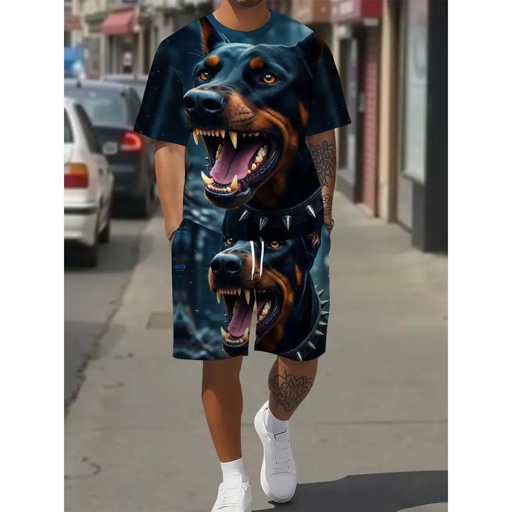Summer Men's Two-Piece Set Animal 3D Printed Sports Wear Fashionable Soft Comfortable Breathable Large Loose Casual Style Sports Wear