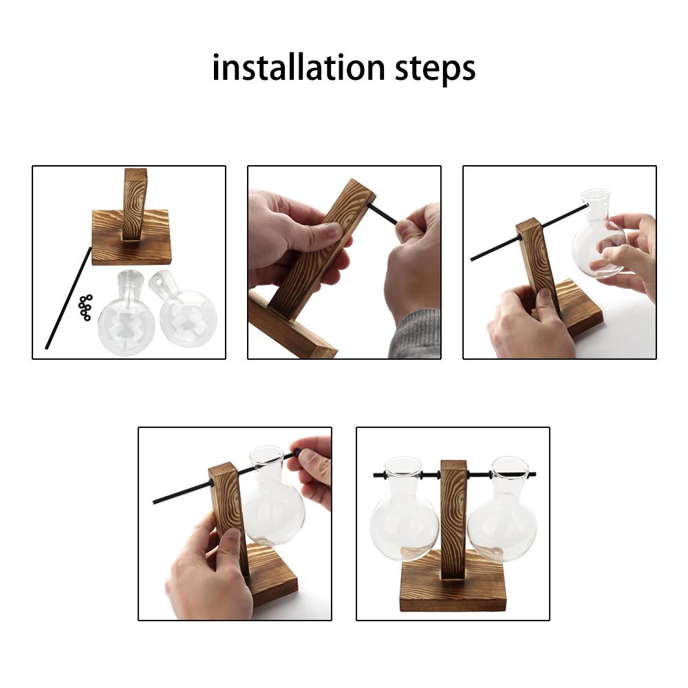 Hydroponic Vase with Wooden Stand Retro Glass Bulb Plant Propagation Station for Home Decoration 2 Containers