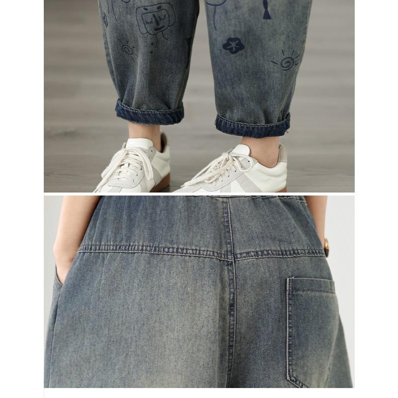 DIMANAF 2026 Summer New Plus Size Women Jeans Elastic Waist Print Long Pants Loose Casual Denim Cotton Trousers Pants