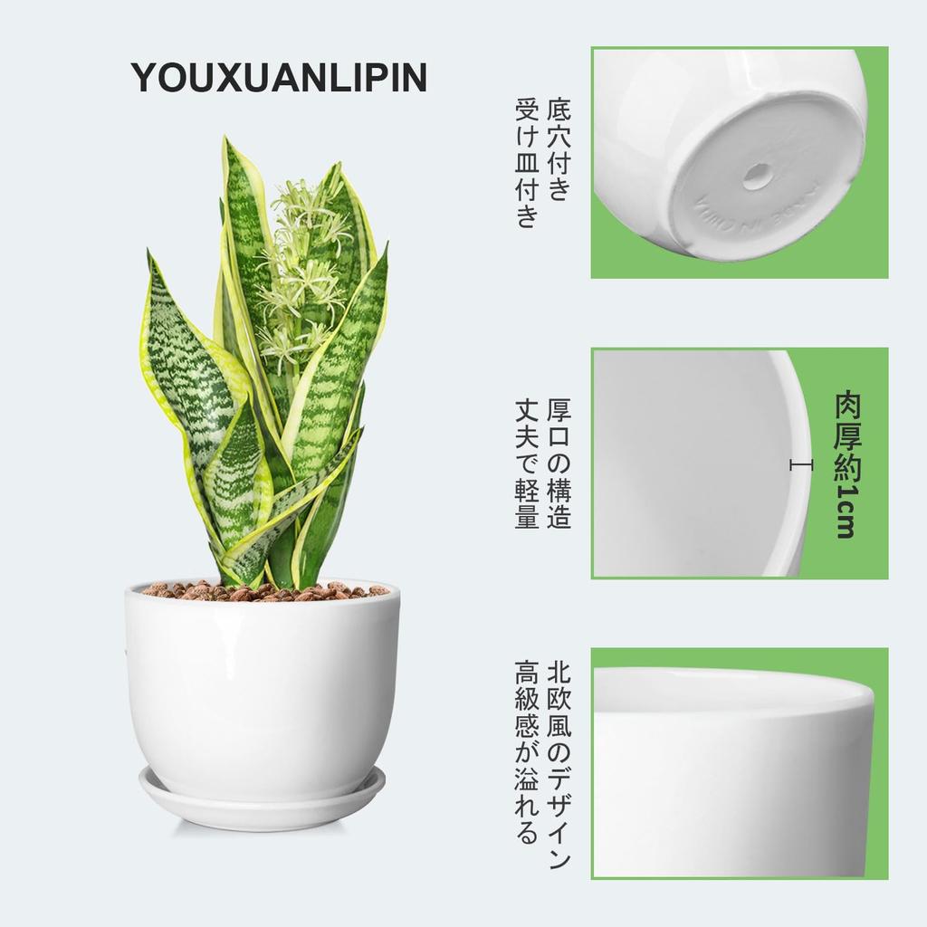 YOUXUANLIPIN Inch Round Ceramic Planter with Drainage for Indoor Light Nordic for Houseplants 5.5 Saucer, Hole, White, Plants, White, Surface,