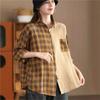 Johnature Woman Autumn Vintage Check Urn Down Collar Shirt Matching Single Breasted Long Sleeves Shirt