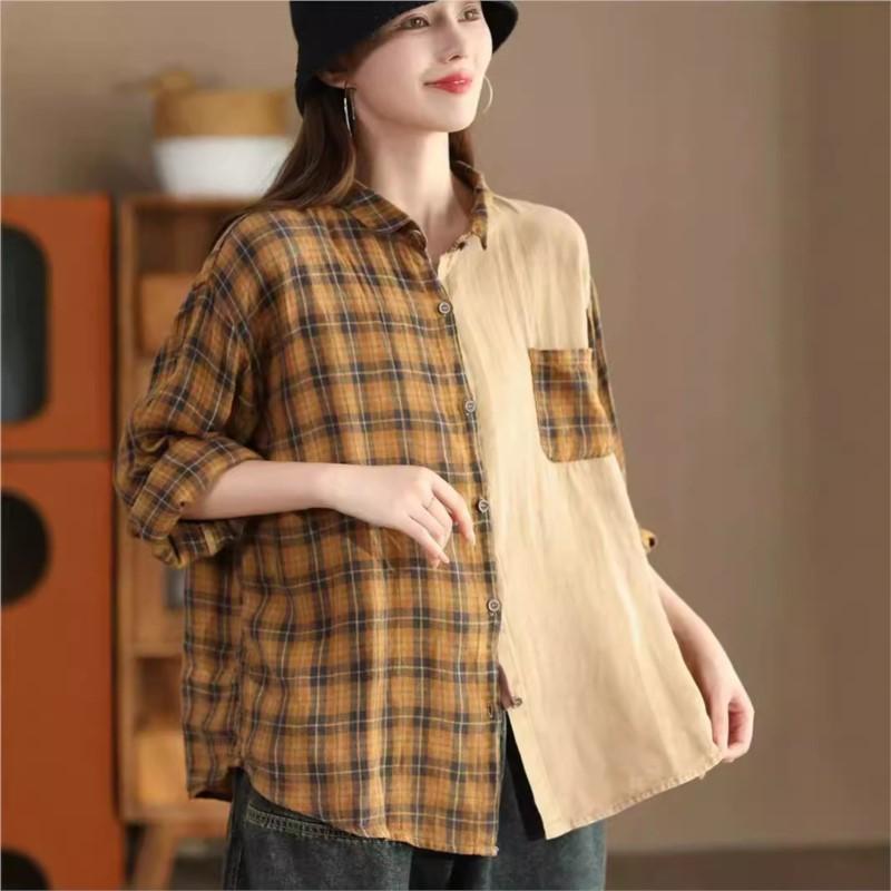Johnature Woman Autumn Vintage Check Urn Down Collar Shirt Matching Single Breasted Long Sleeves Shirt