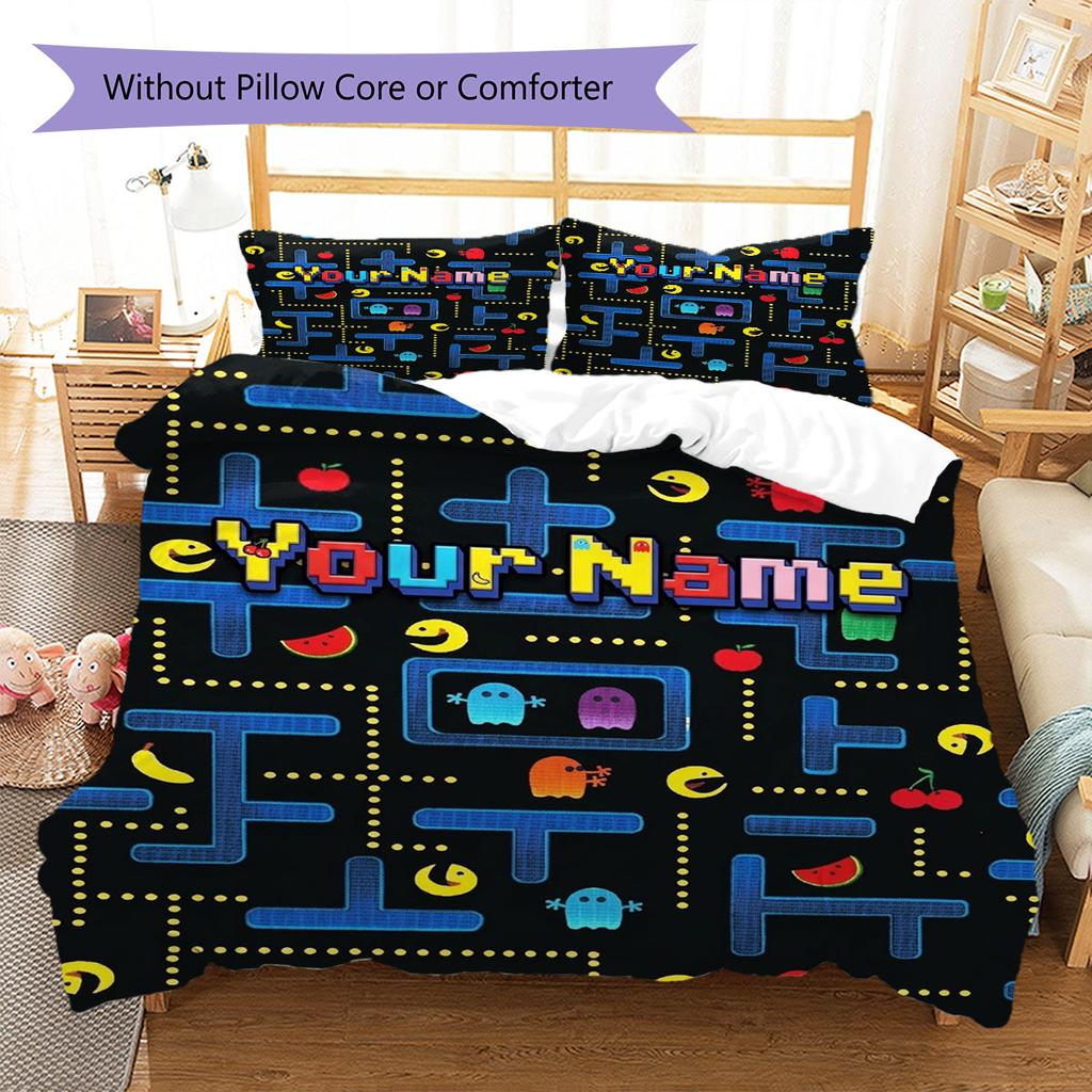 Pac-Man Custom Name Pattern Bedding,Quilt Set Quilt Cover Pillowcase Home Birthday Gift(1 * Duvet Cover + 2 * Pillowcase, Without Core)