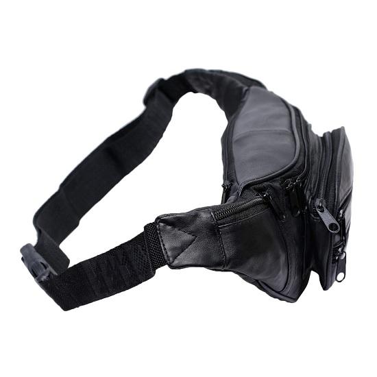 NOORA Stylish Real Leather Black Waist Bag Elegant Style Travel Pouch Passport Holder with Adjustable Strap