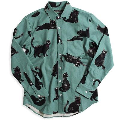 Quintet Black Cat Print Long Sleeve Flashy Black Cat Made In Men's Shirt, Print, Casual, Japan, 01-78737 (L, Green)