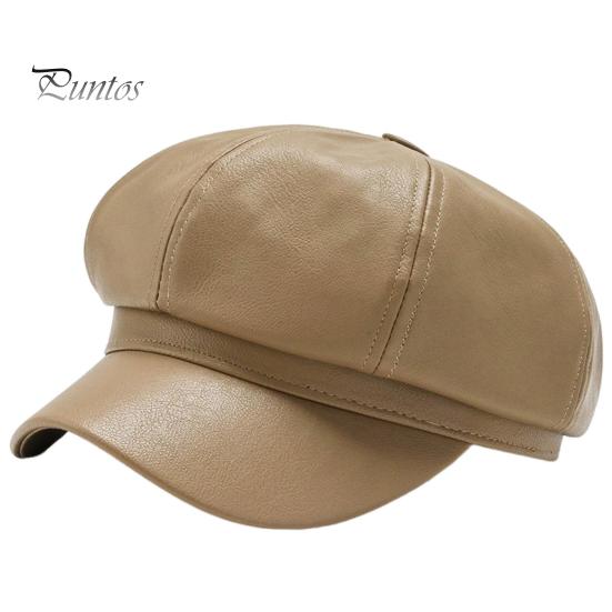 Women Beret Hat Spring Summer Retro Solid Color Faux Leather Short Brim Decorative Sun Protection Anti-UV Breathable Lady Painter Unisex Octagonal Cap