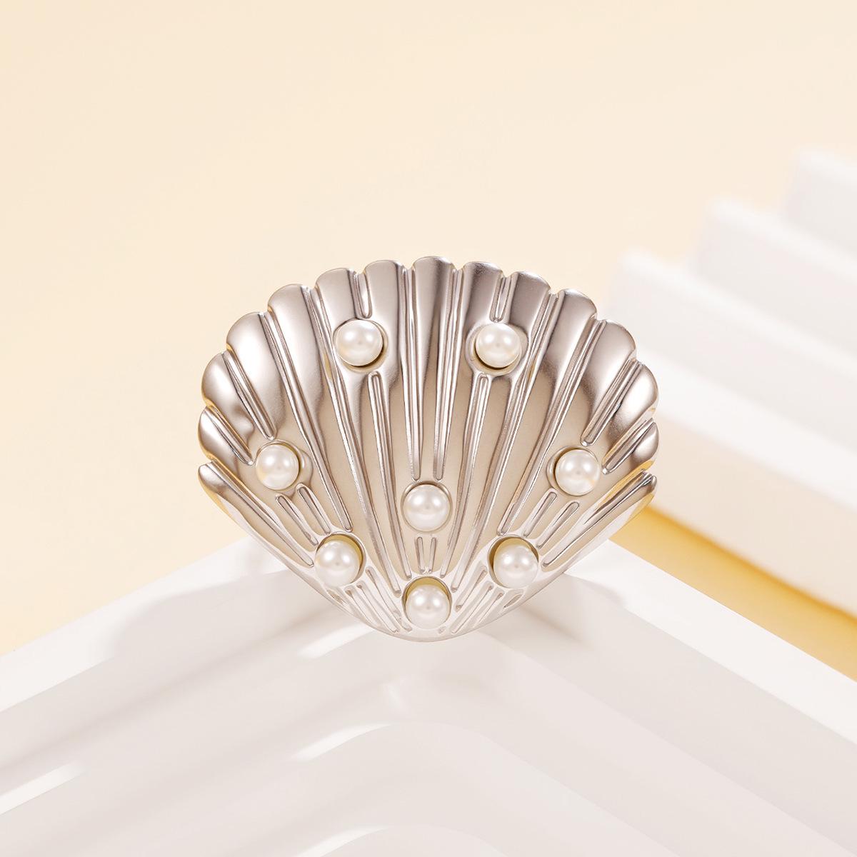 Stainless Steel Seashell Pearl Ring - Women s Casual Holiday Style