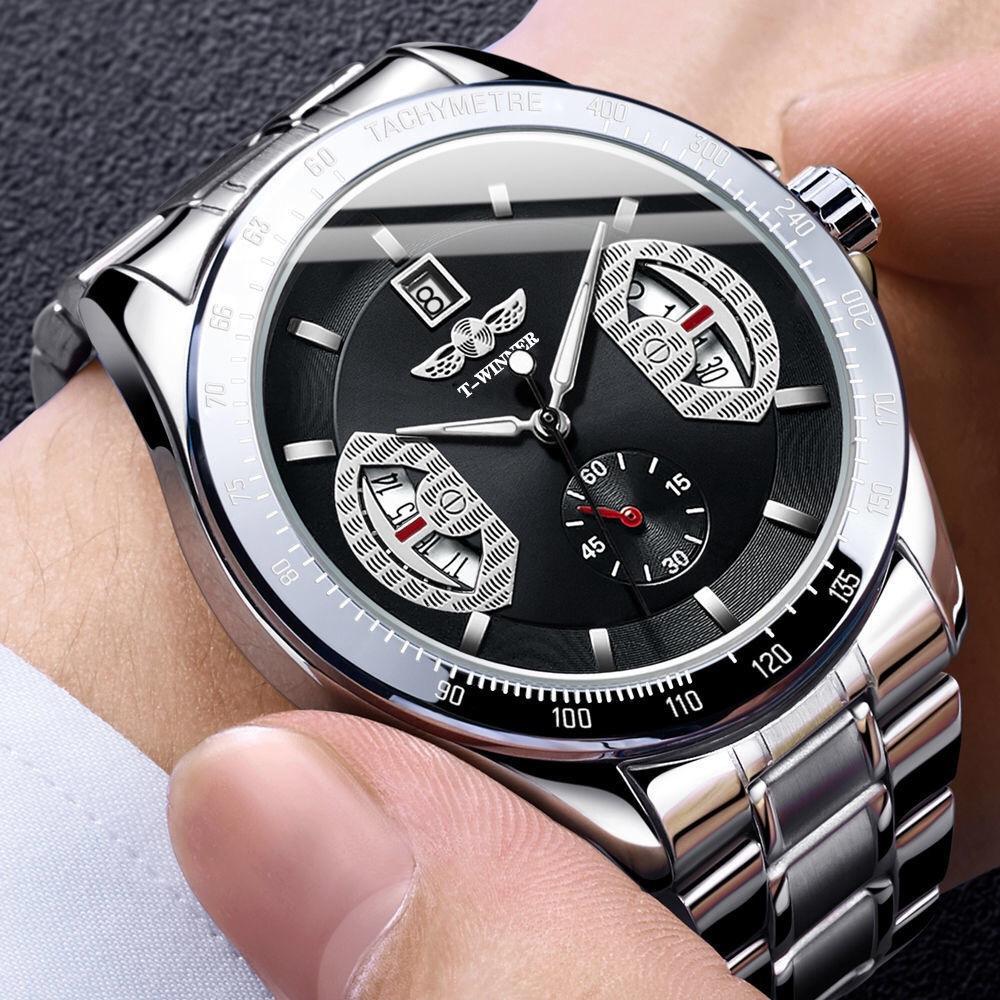 WINNER Sports Gold Automatic Watch for Men Date Display Luminous Hands Stainless Steel Strap Top Brand Luxury Mechanical Watches