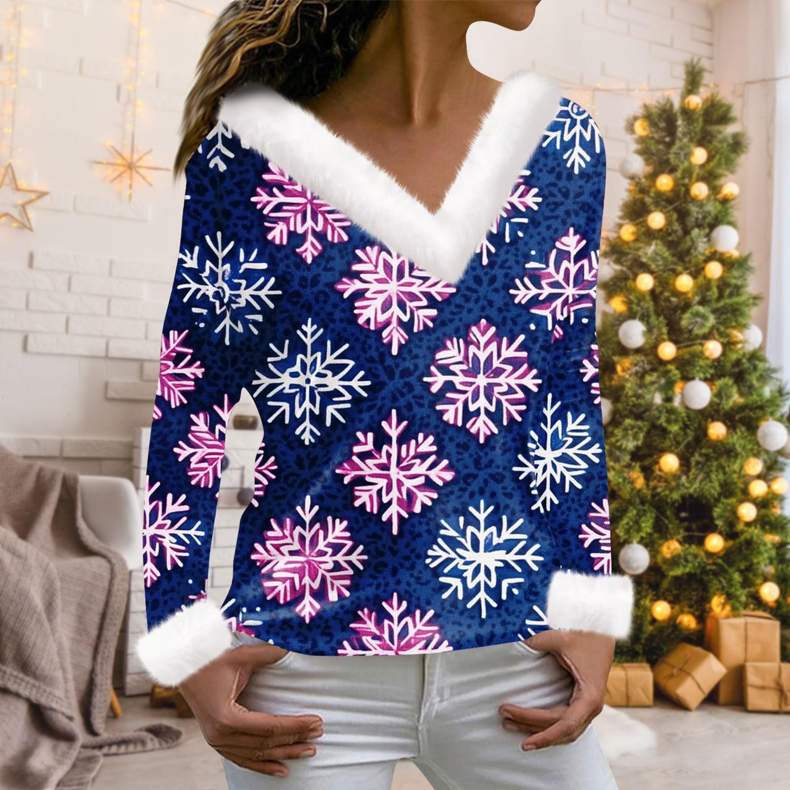 

Женская мода с длинным рукавом и рождественским принтом для вечеринок, плюшевый повседневный топ с V-образным вырезом M