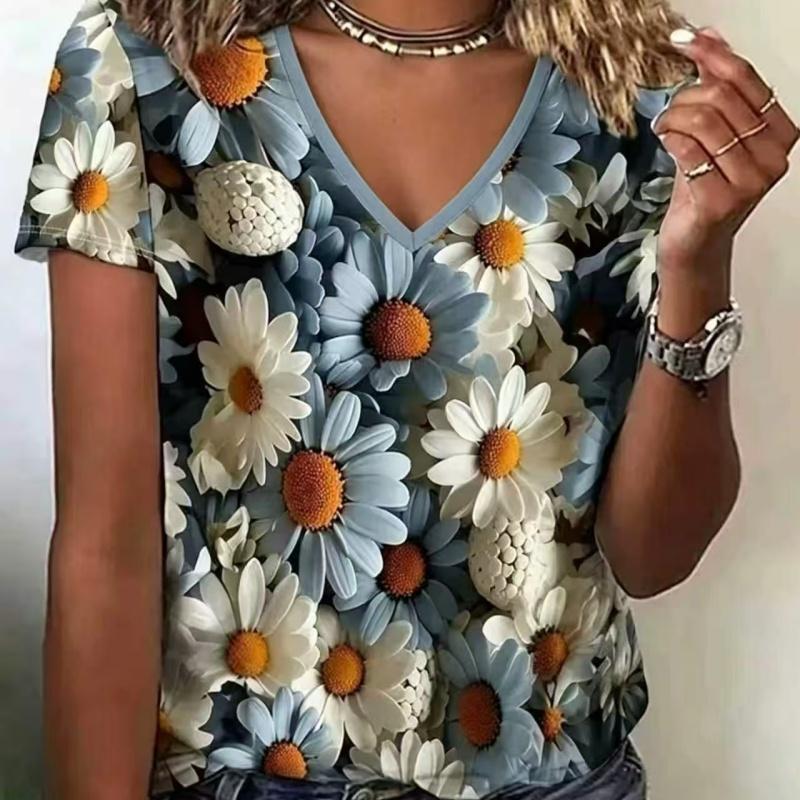 Summer Ladies 3D Printed V-Neck T-Shirt Fashion Versatile Breathable Trend Casual