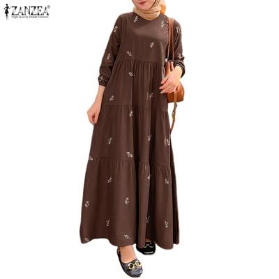 Damen Freizeit Rundhals Langarm Locker Elegant Print Langes Kleid