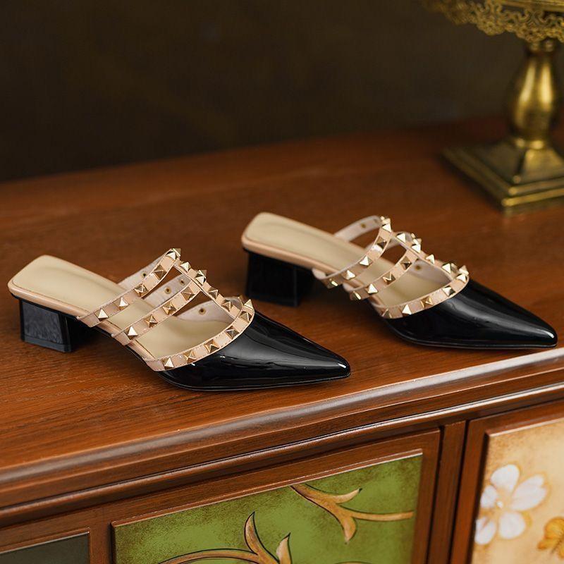 Baotou heel summer half drag hollow  middle and outer wear lazy cool slippers women's thick heel rivets pointed women's shoes