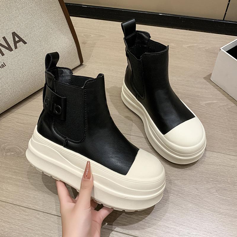 

Cowhide version retro platform short boots women s Martin boots sleeve Chelsea boots autumn versatile cigarette boots 40 чёрный