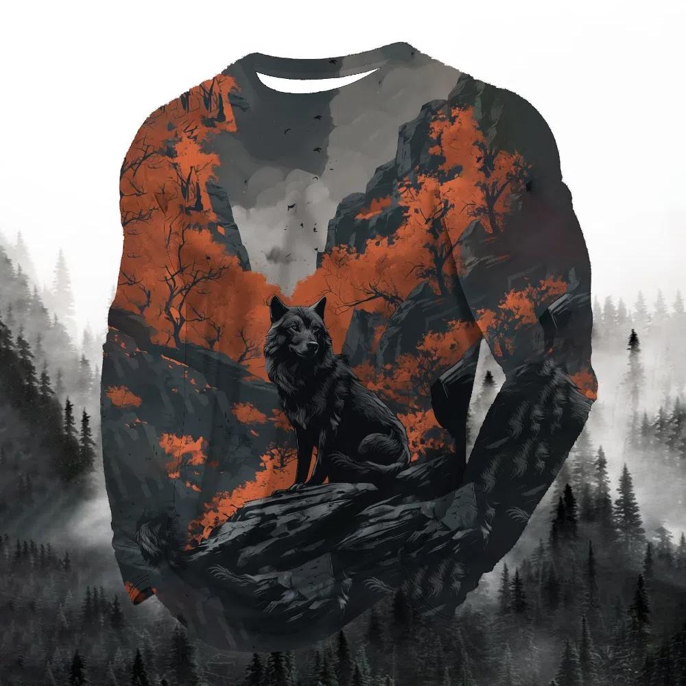 2024 men's fashion print round neck long sleeve party autumn sports casual pullover men 3d lonely wolf blue print tops