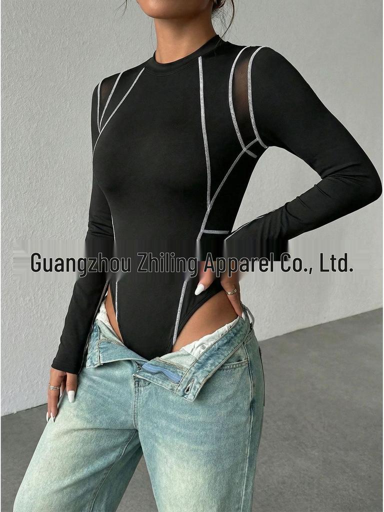 Spring 2026 Sexy Mesh Long Sleeve Bodysuit for Women