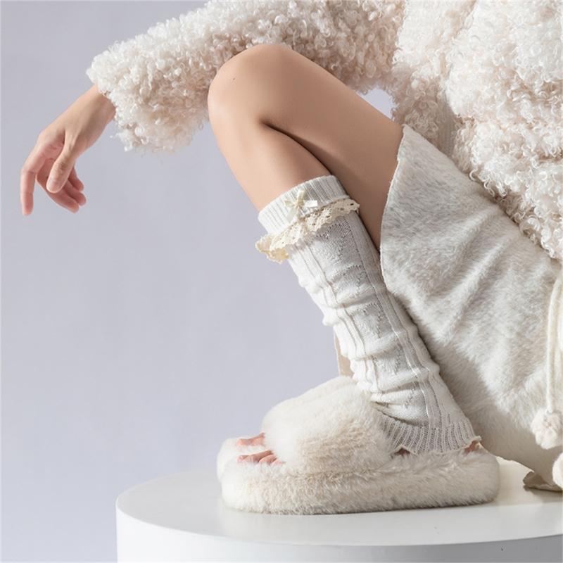 Women Fairycore Knitted Leg Warmers Calf Socks Japanese Sweet Bowknot Ruffled Lace Trim Leg Covers Boot Cuffs Stockings