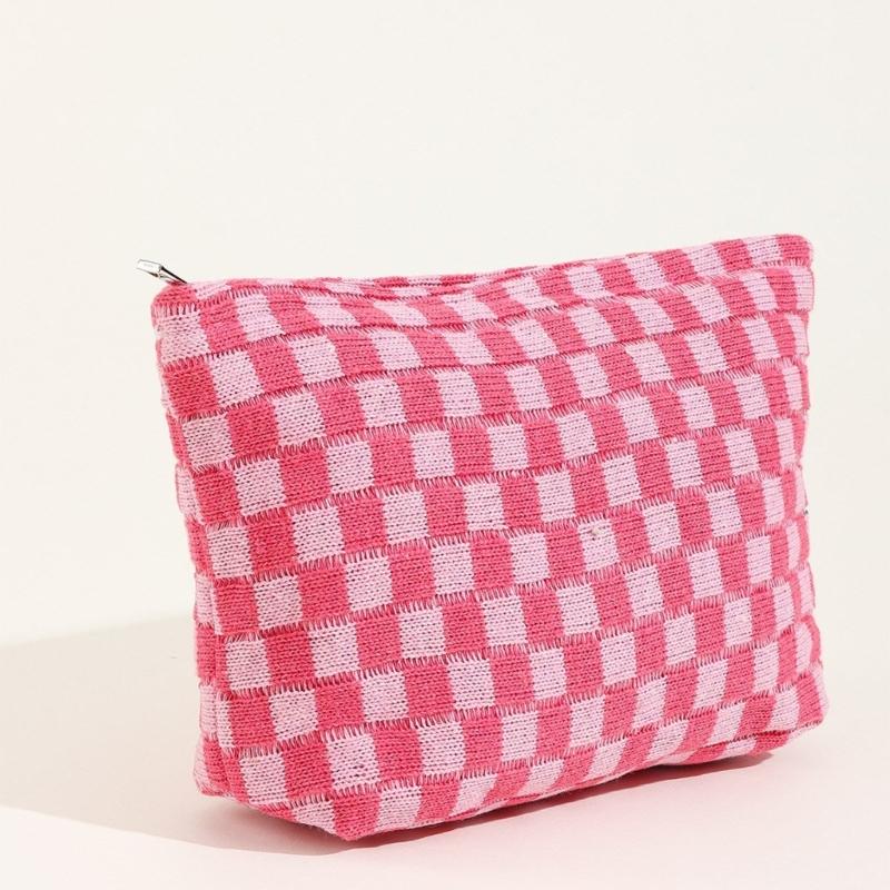 Crochet Makeup Bag Checkered Toiletry Bag Cosmetic Bag Versatile Storage Bag for Brush Lipstick Stationery Personal Care