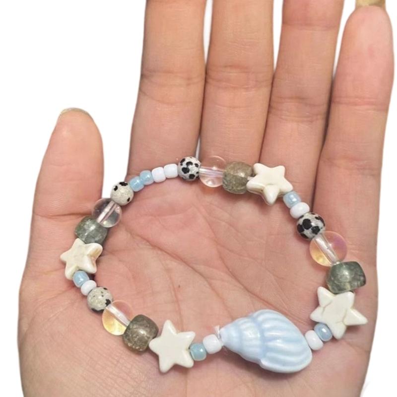 

Stylish Seashells Star Beaded Bracelet Ceramic Glass Beads Lightweight Beach Vacation Jewelry Casual Beachwear Accessory