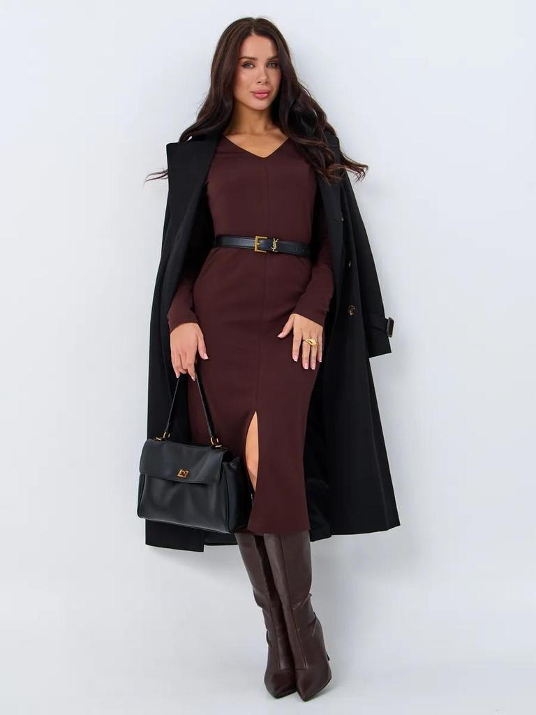 European & American Women's V-Neck Slim Fit Long Sleeve Midi Dress