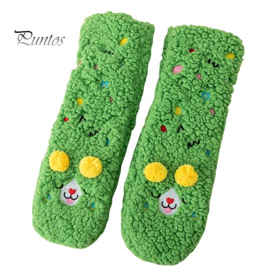 1 Pair Winter Floor Socks Cartoon Design Animal Embroidery Ultra Thick Fleece Keep Warm Mid-tube Non-slip Slipper Socks