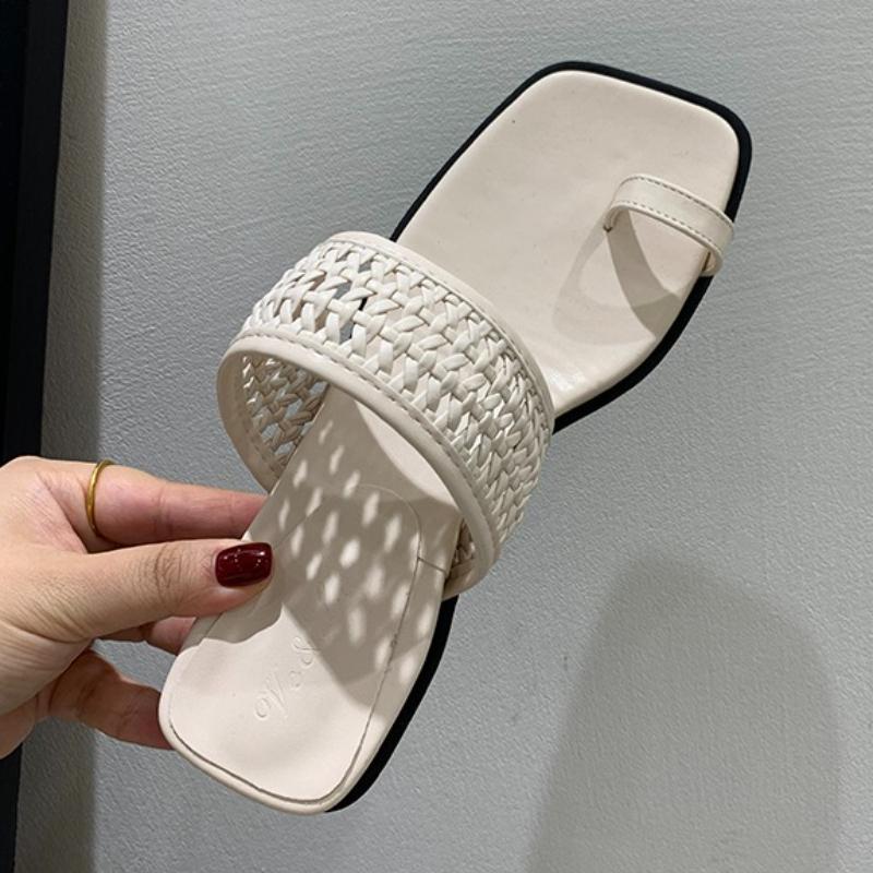 

Fashion Mesh Woven Design Brand Flip Flops Women Summer Fashion Clip Toe Wedges Slide Sandals Comfort Soft Bottom Women Home Slippers 35 бежевый