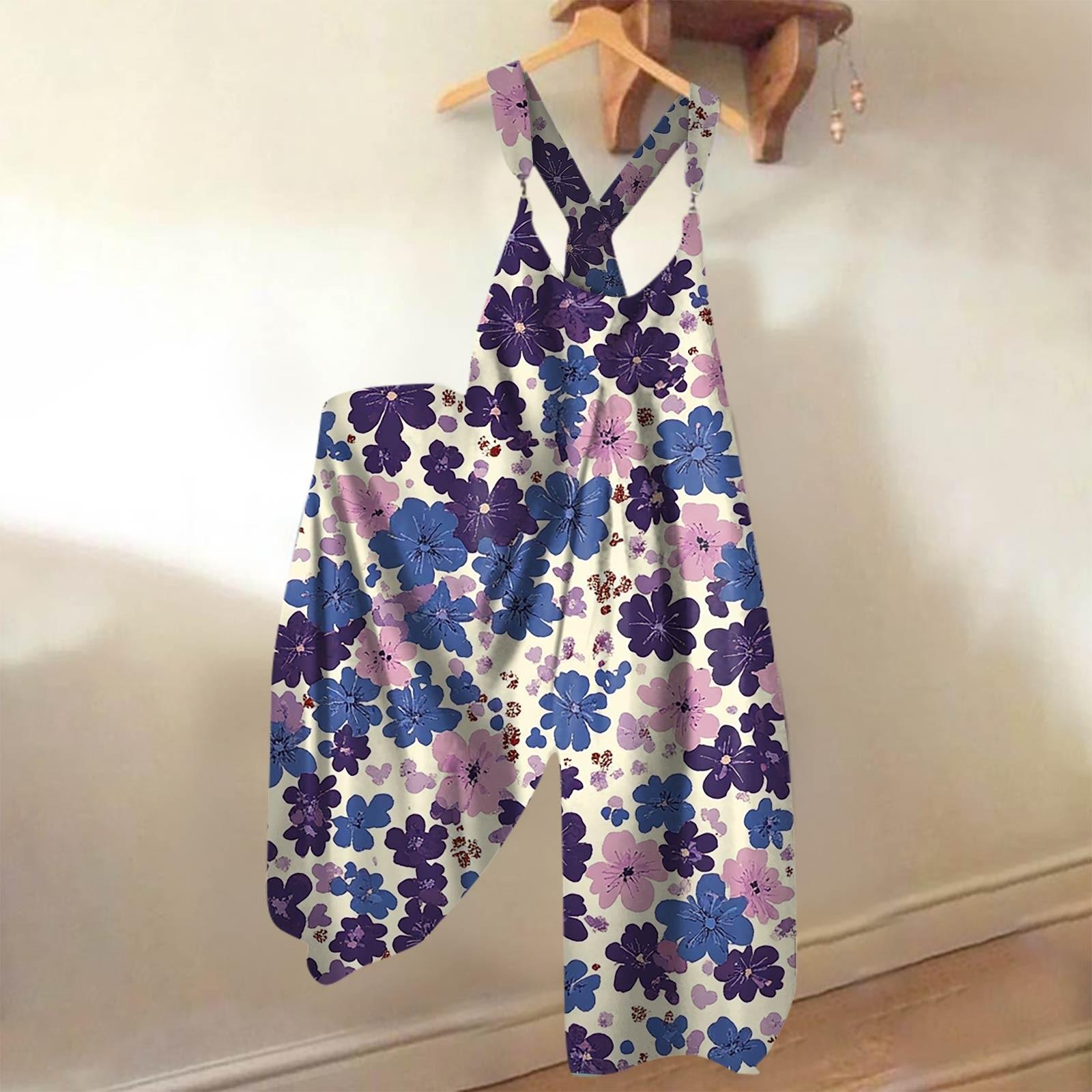 

Широкие комбинезоны для женщин, повседневные свободные комбинезоны без рукавов, ретро-принт, металлические пуговицы, длинные брюки, комбинезон с карманами XL фиолетовый