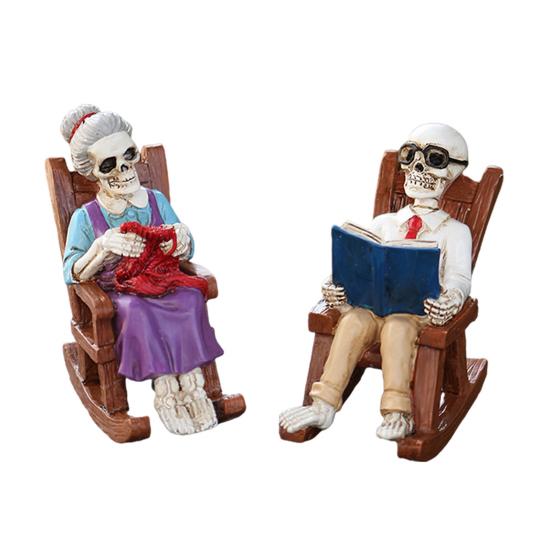 Yousheng 2 Pcs Halloween Rocking Chair Skeleton Elderly Statues Small Reading Knitting Skeleton Figurine Resin Craft for Courtyard Lawn Porch Decor