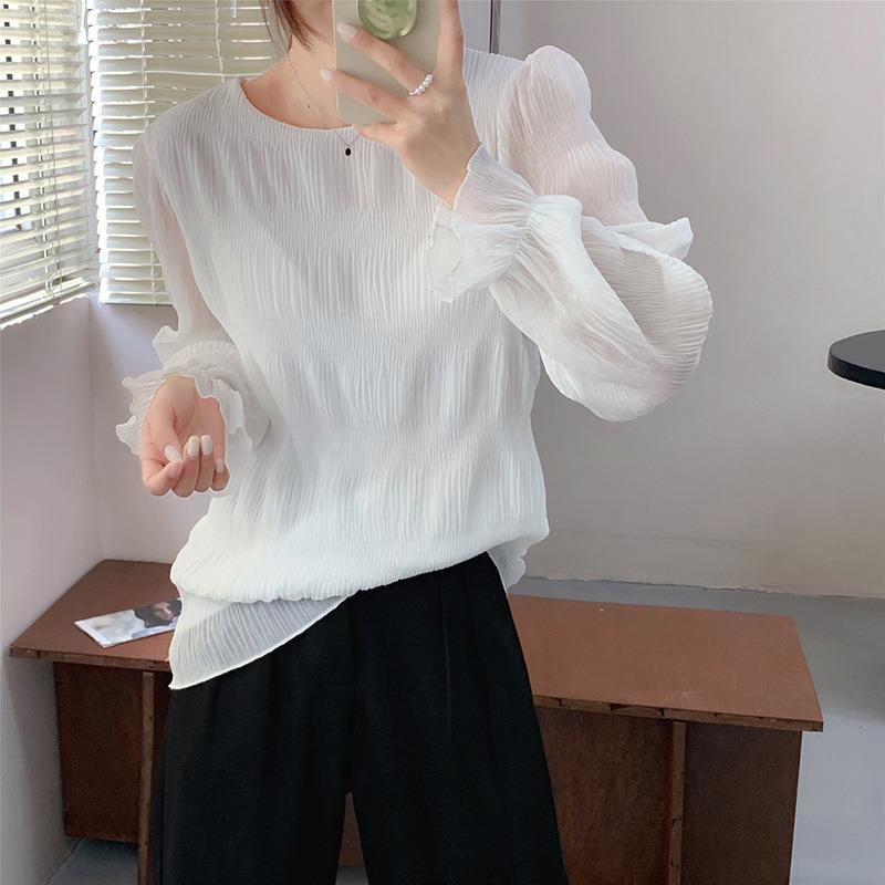Camicia in Chiffon con Maniche Svasate Plissettate Blusa Donna Girocollo Tinta Unita Ampia Versatile Camicia a Maniche Lunghe Top