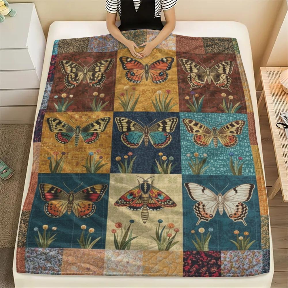 1Pc Patchwork Insect Print Flannel Blanket, High quality Comfortable for All Seasons, Home Decor, Warmth and Comfort, Perfect for Christmas Gifts67
