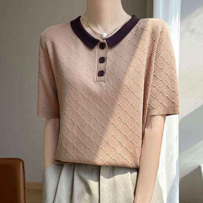 Summer New Women's Knit Ice Silk T-shirt POLO Collar Short Sleeved Contrasting Color Versatile Top for Women