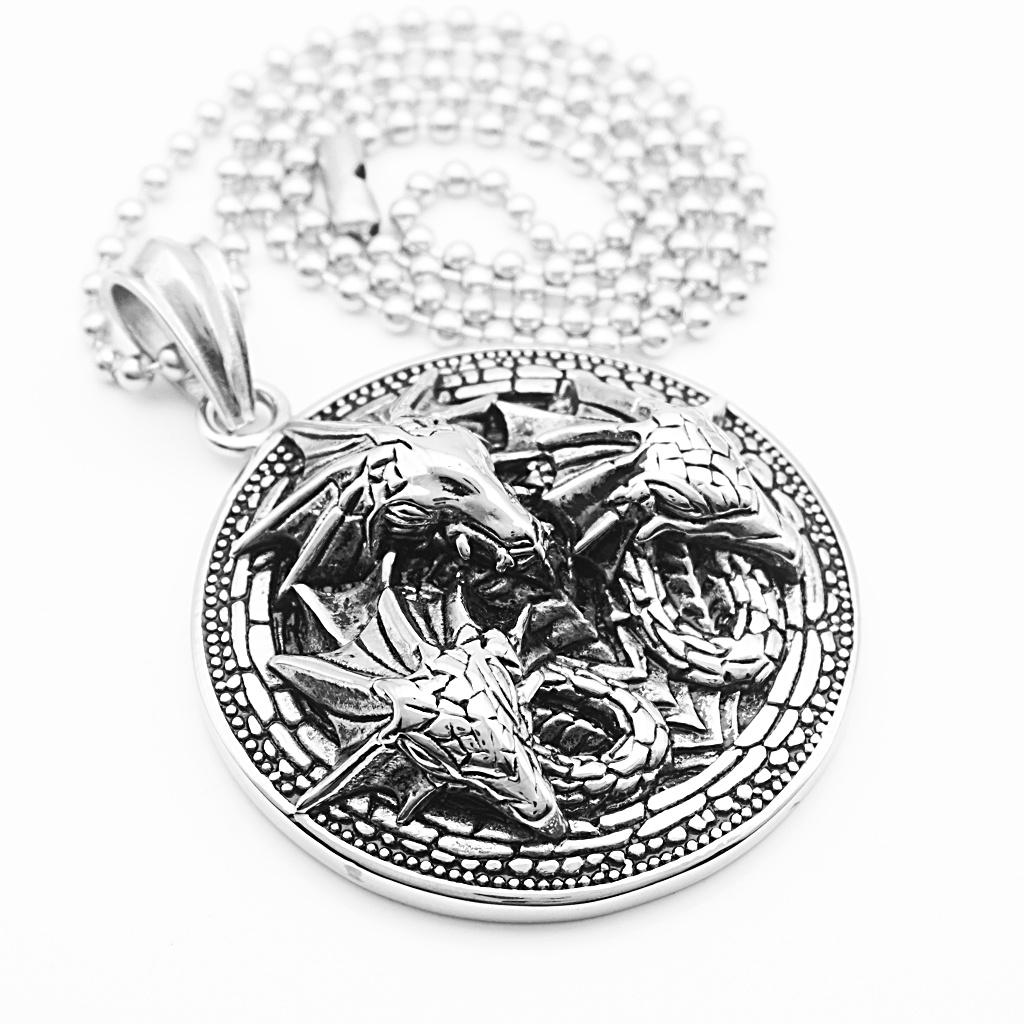 Rock Punk Üç Ejderha Başı Yuvarlak Kalkan Kolye Kolye Takı Erkekler için