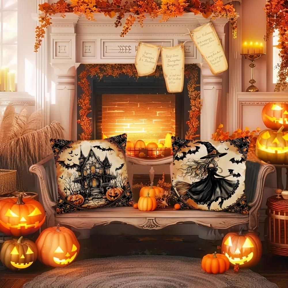 2PCS Halloween Best-Seller Pillow Cover - 45x45cm Polyester, Hand-Wash, Cat/Pumpkin Print