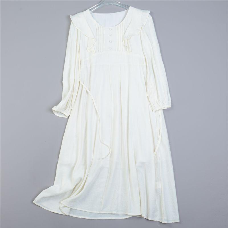 

French Style Ruffles Long Sleeves Dress 528 L78430 Spring and Summer Organ Pleats Shoelace Waist-Tight Elegance A- line Long Skirt 2 White. All yards