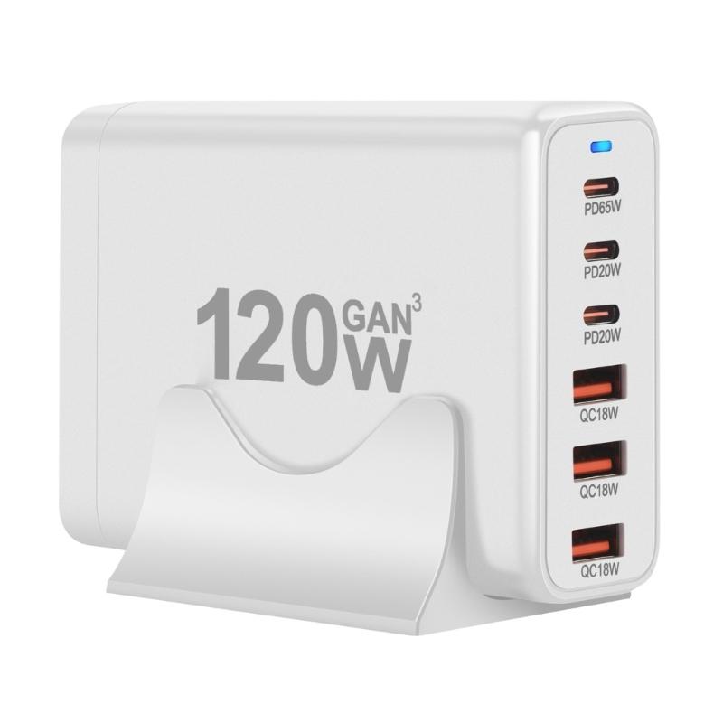 Portable 120W USB Charging Station with 6 Port, 3 Type C PD and 3 USB A for Phones Tablets Simultaneous Device Charging