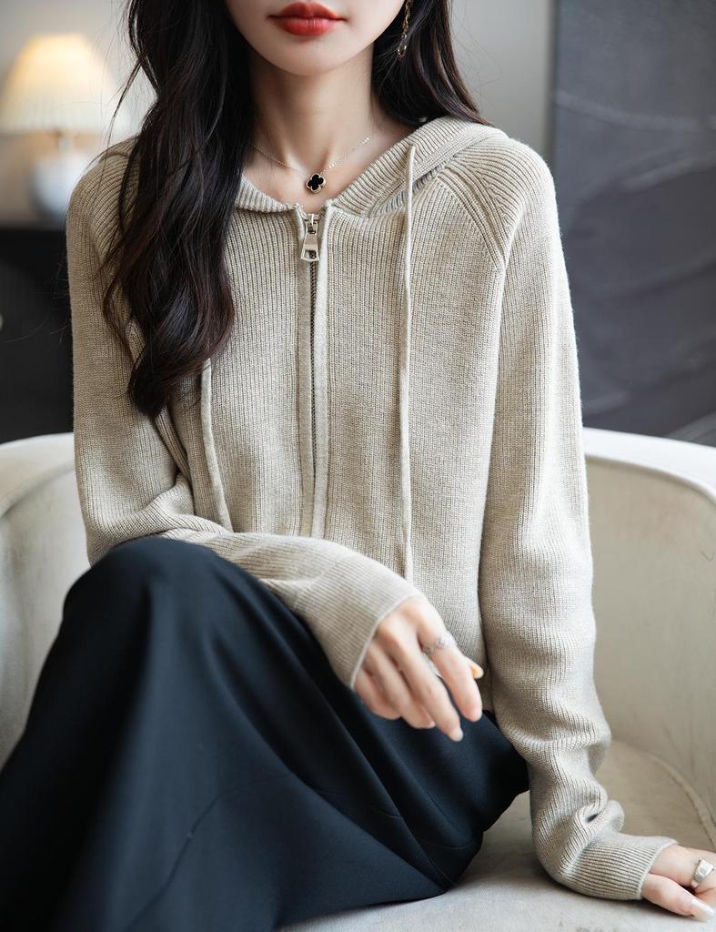 Yuanbao Stitch Women's Korean Style Wool Zippered Hoodie - Casual Versatile Solid Color Knitwear
