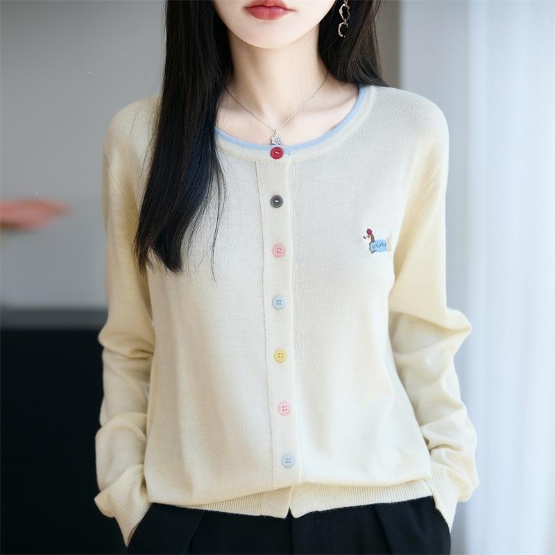 Round-neck Knitted Cardigan with Long Sleeves, Embroidered Puppy Pattern In Multi-color, As A Coat or Outerwear