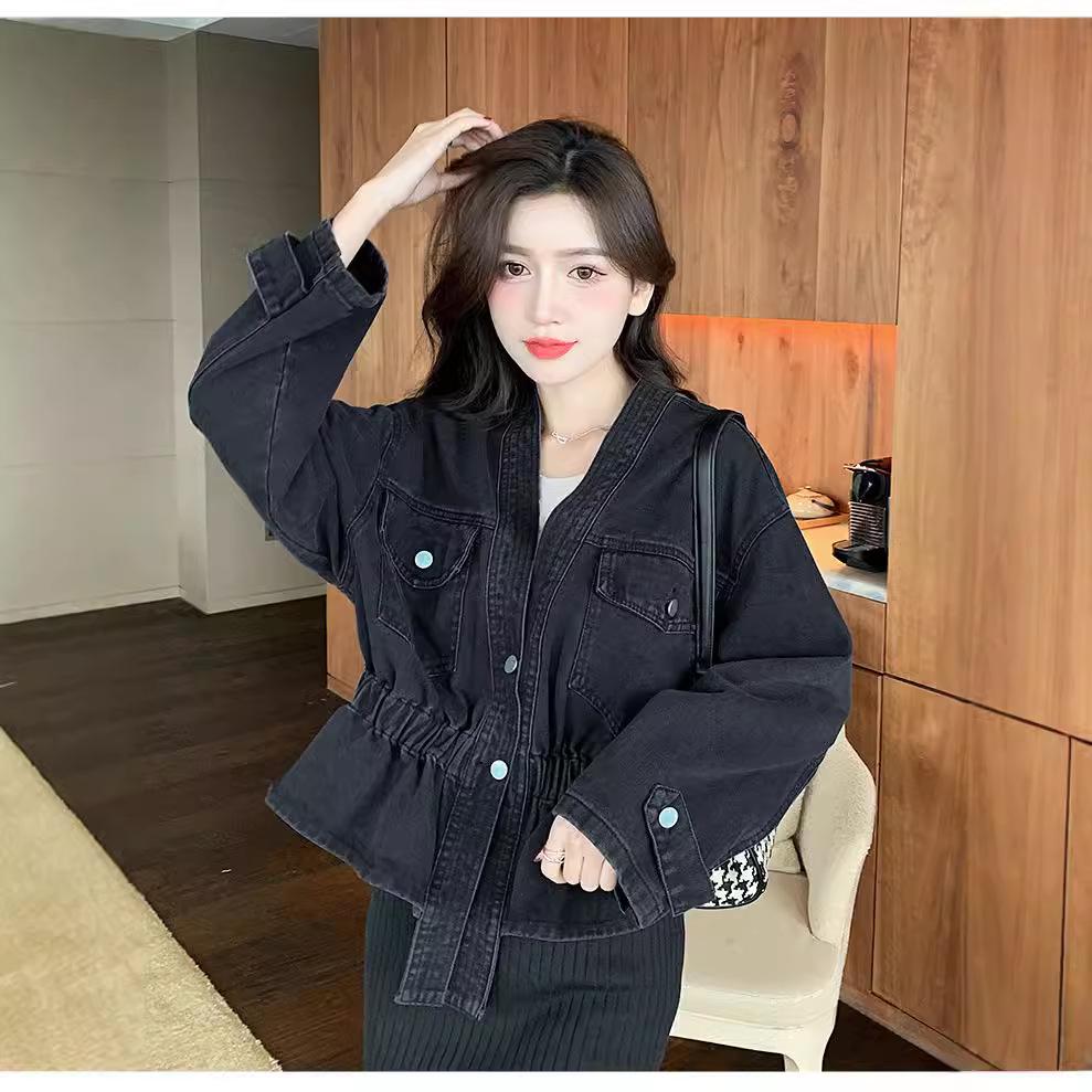 2024 Korean Style Black V-Neck Denim Jacket - Loose Fit, Two-Button, Short Length