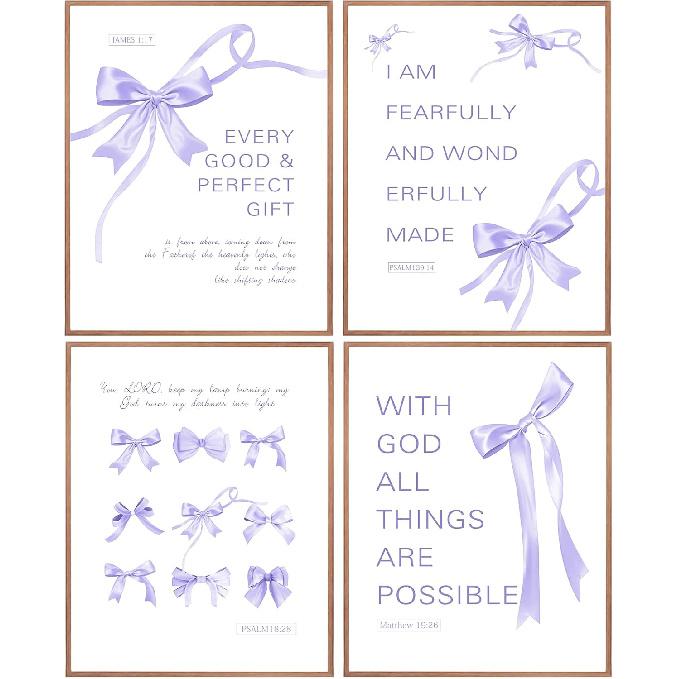 Coquette wall decor teen girl room pink bow wall art decor poster pirational Bible Verses Bow Wall Deco 10x8 inches 4pcs (unframed)