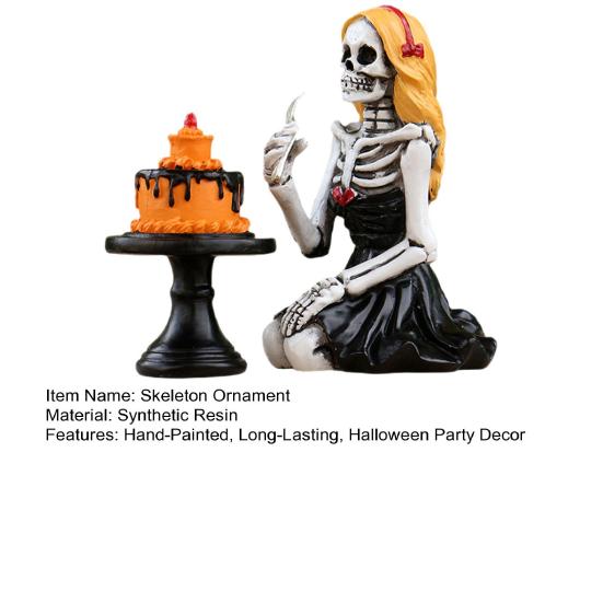 Skeleton Girl Ornament Skeleton Girl Eating A Cake Figurine Gothic Tabletop Sculpture for Halloween Party Decoration