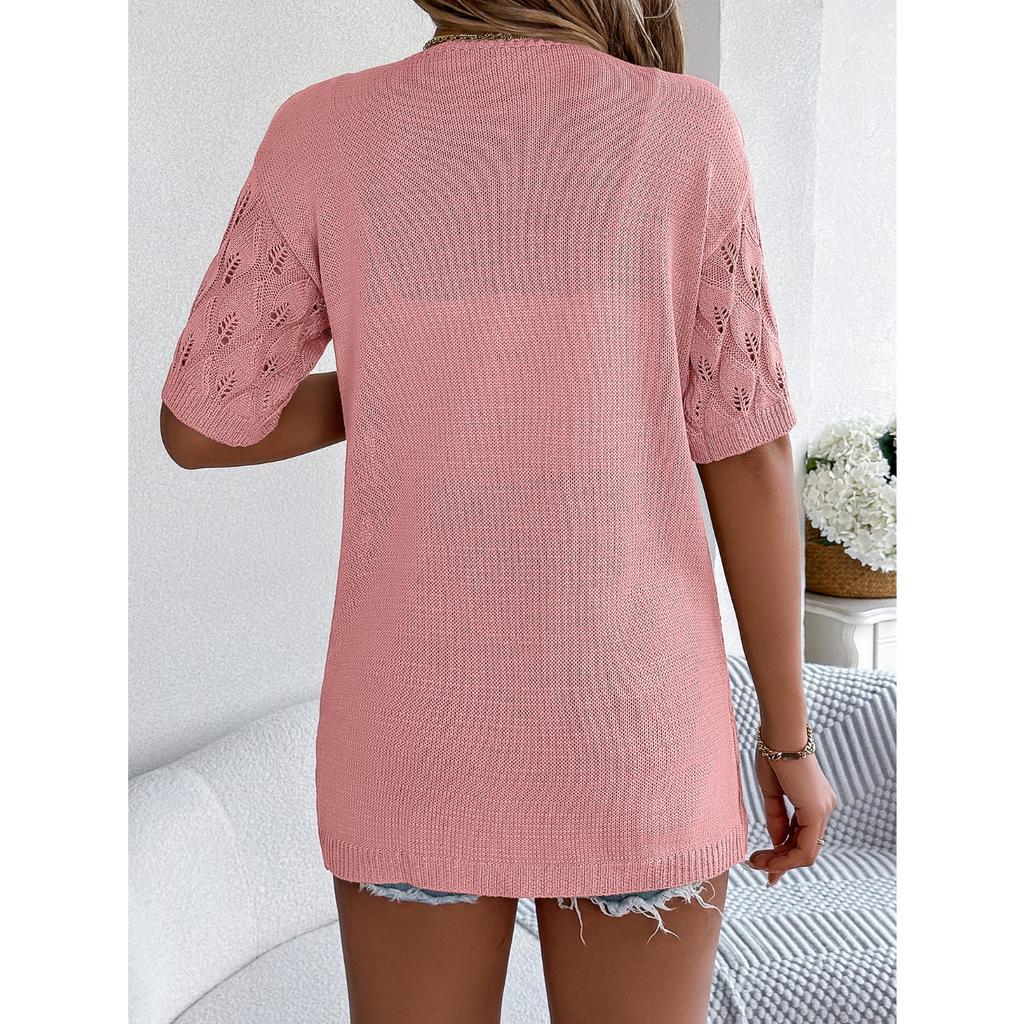 QICED Summer Cut-out Leaf Short-sleeved Knitted Cardigan for Vacation Sun Protection Women's Wear