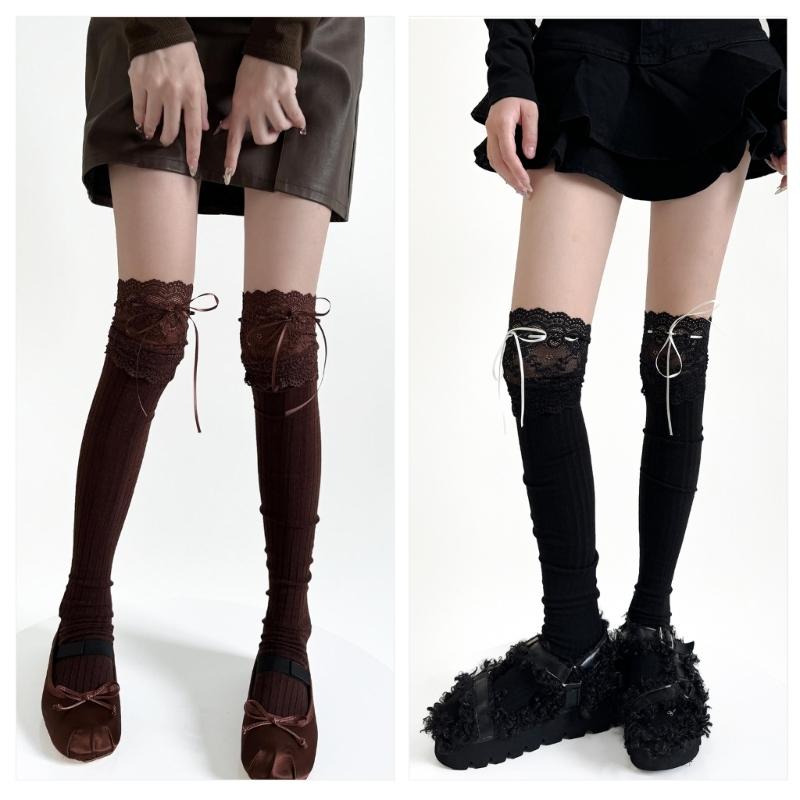 Ribbed Knit Striped Over Knee Long Socks for Women Japanese Student Sweet Bowknot Lace Splicing Thigh High Stockings