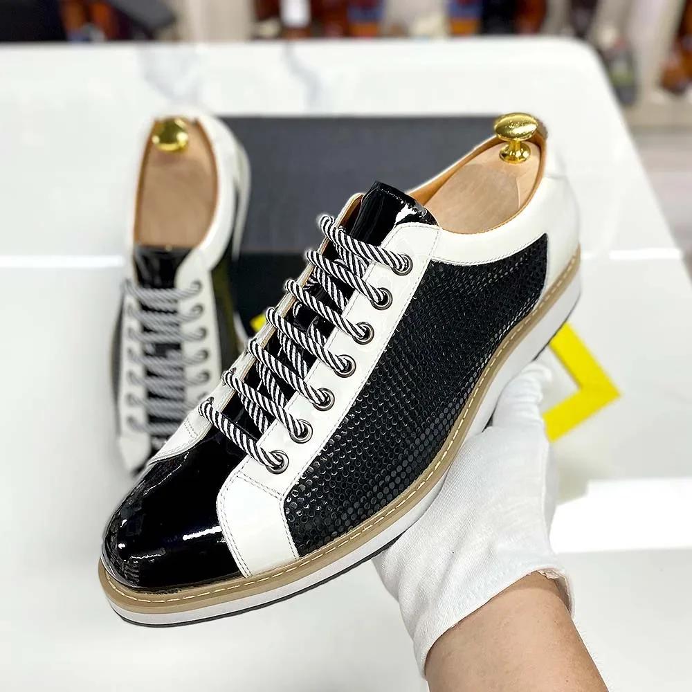 Fashion Luxury Brand Large Size Men's Flat Sneakers 6 To 13 Patent Leather Lace-up Black White Casual Shoes for Men