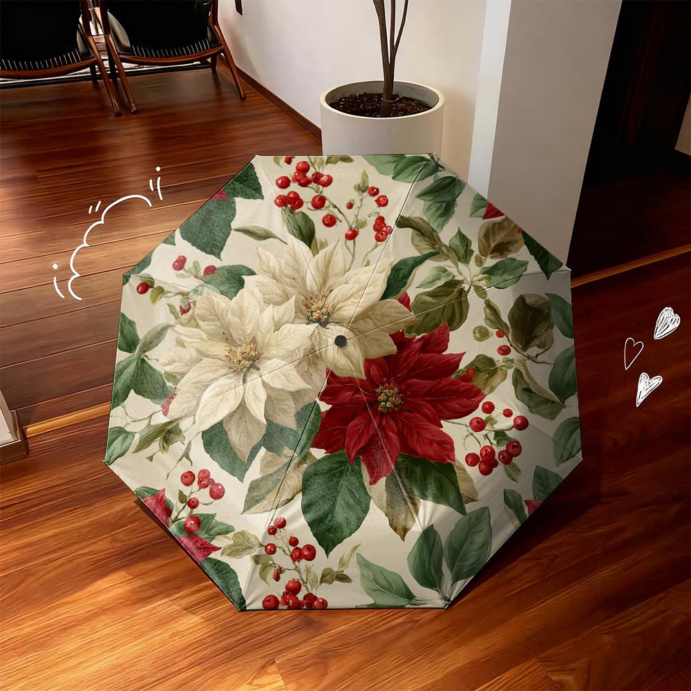 

One Festive Gift Folding Umbrella | Elegant Winter Floral Design with Luxurious Red and White Christmas Flowers, Green Leaves, Iron&8K